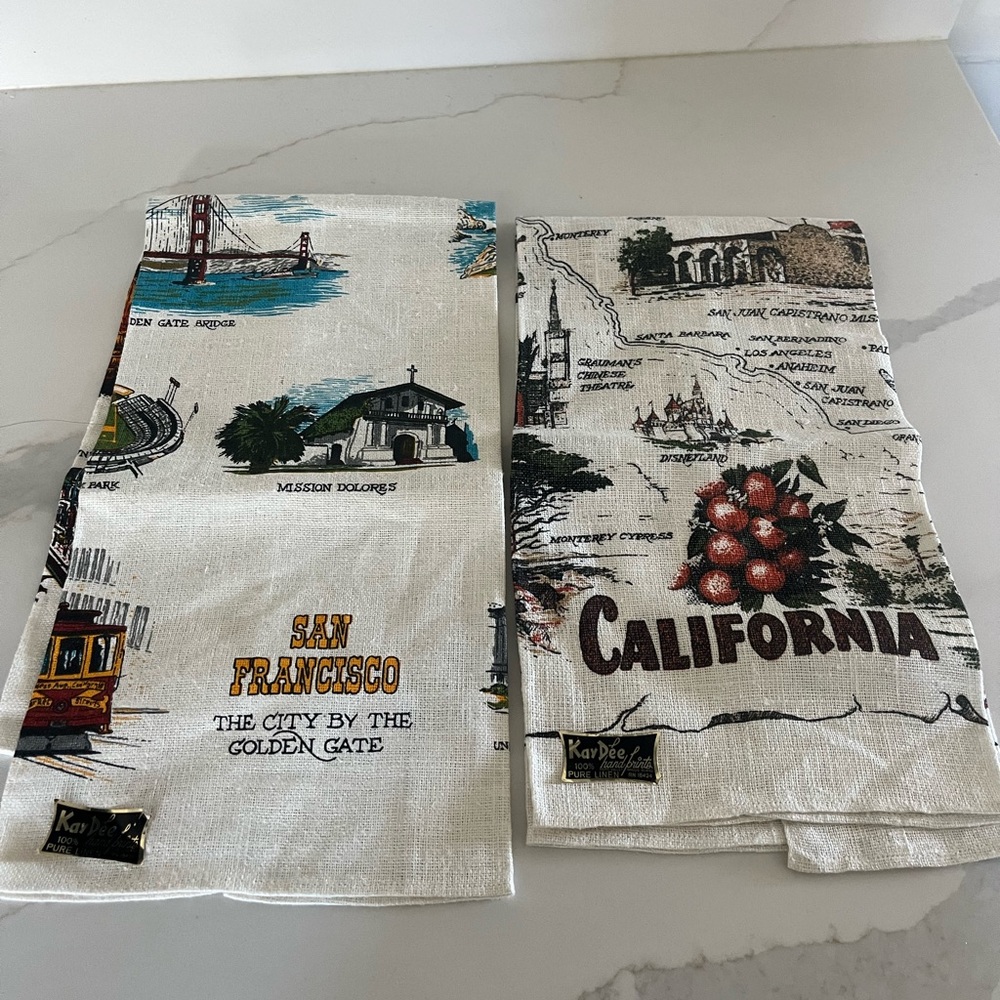 Vintage California + San Francisco Theme Linen Tea Towels New Kay Dee Handprints